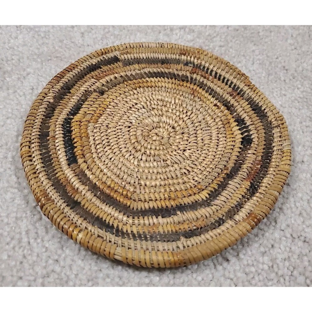 Vintage Native American Coil Woven Basket Flat Trivet 7" diameter